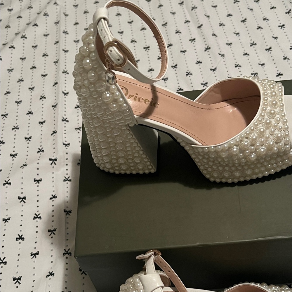 Pearl Embellished White Platform Sandals with Ankle Strap - Picture 5 of 8